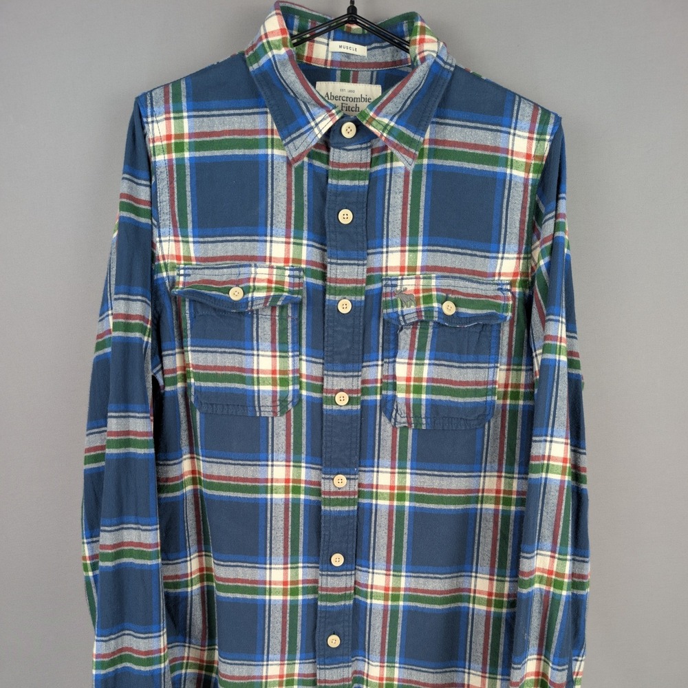 Abercrombie & Fitch Muscle Fit Blue Plaid Flannel Button-Down Shirt - L